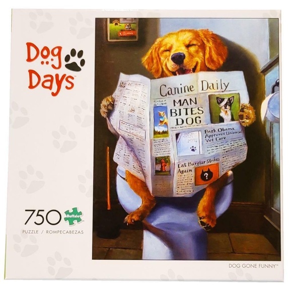 NIB Buffalo Games Dog Days Dog Gone Funny Toilet 750 Piece Jigsaw Puzzle 24 x 18 - Picture 1 of 7